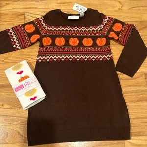 NWT Autumn pumpkin knit dress with matching knit tights 3T
